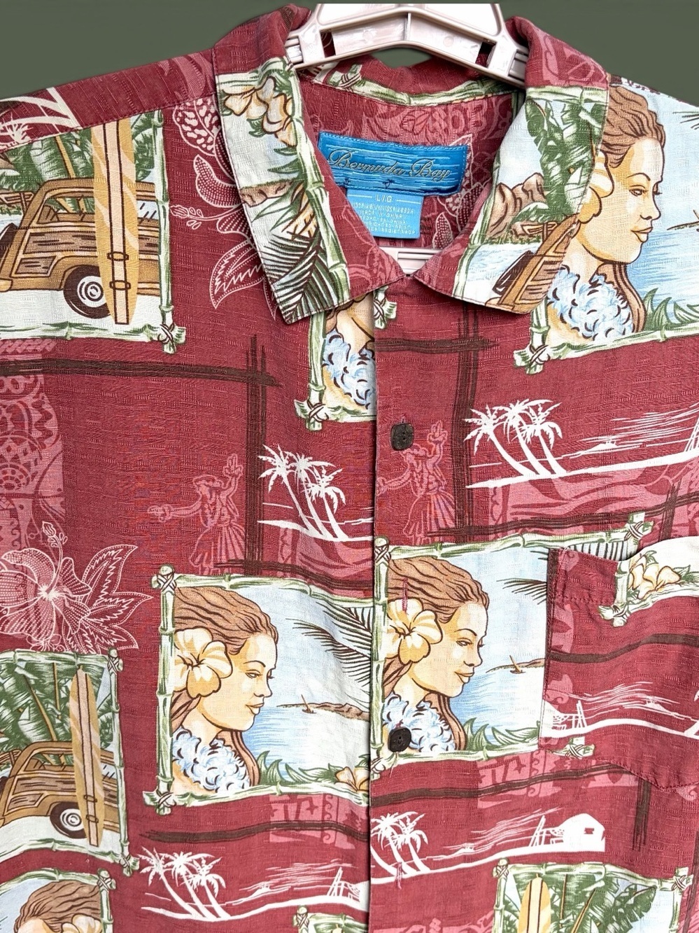 Bermuda Bay Shirt Silk Hawaiian Camp Sz L Aloha Button Up Loop Collar Vtg READ